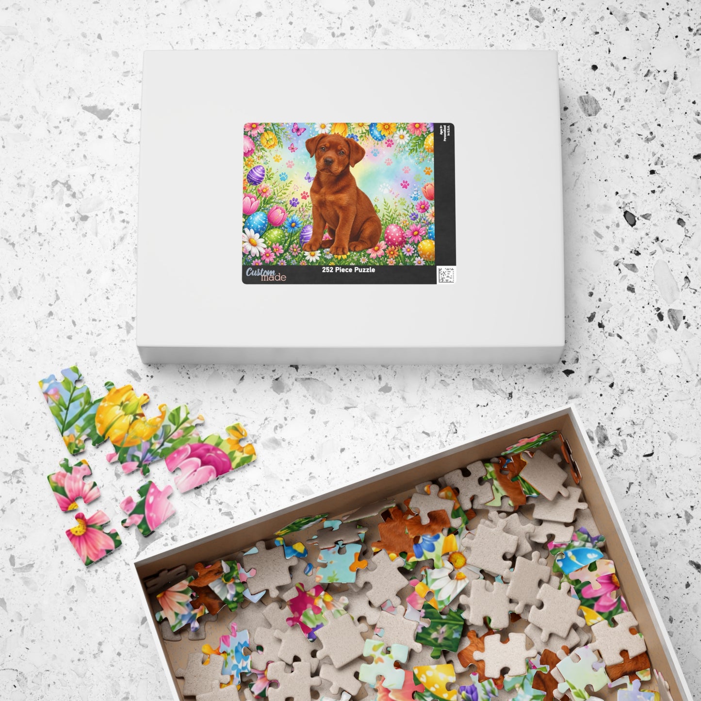 Rottweiler (Red) Easter Puppy Puzzle - Spring Garden with Eggs, Wildflowers, and Butterflies