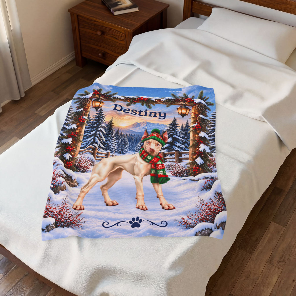 Doberman (White / Albino Coat) - Personalized Winter Blanket, Snowy Pine Velveteen Throw