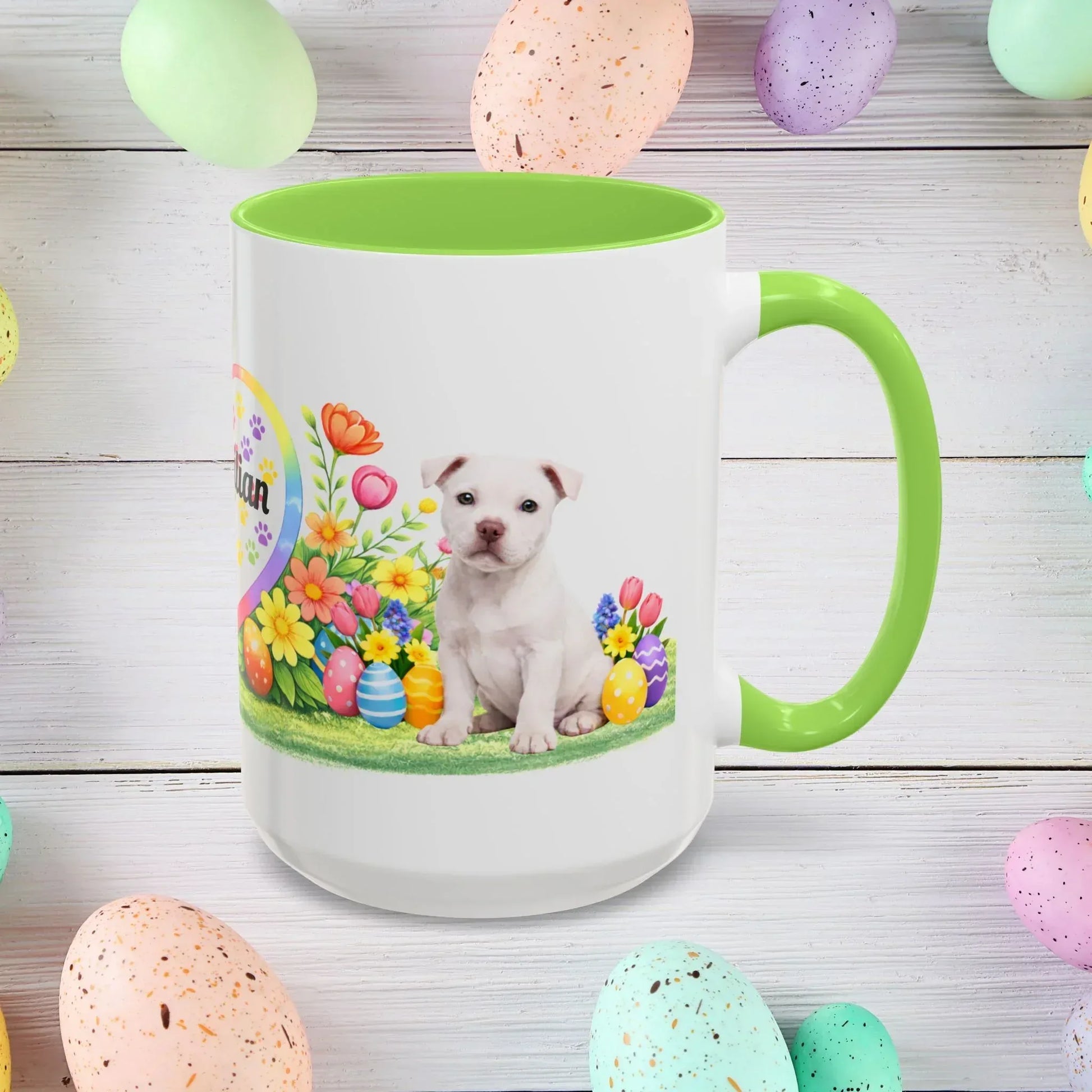 Shop our pitbull white puppy easter mug featuring the 15oz style option from MySisterIsASurvivor.
