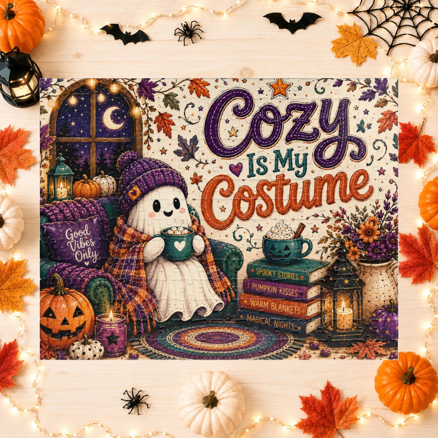 Cozy Is My Costume Halloween Puzzle - Ghost in Beanie with Good Vibes Pillow and Spooky Story Books