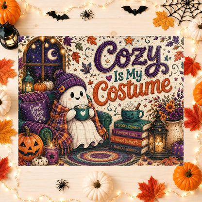Cozy Is My Costume Halloween Puzzle - Ghost in Beanie with Good Vibes Pillow and Spooky Story Books