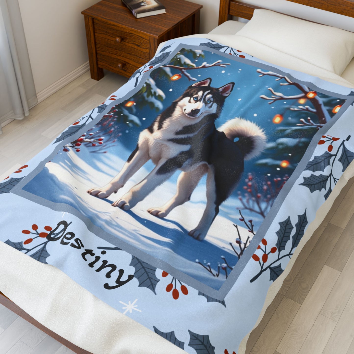 Husky Black and White personalized winter throw with striking Husky artwork and glowing snowy lodge background
