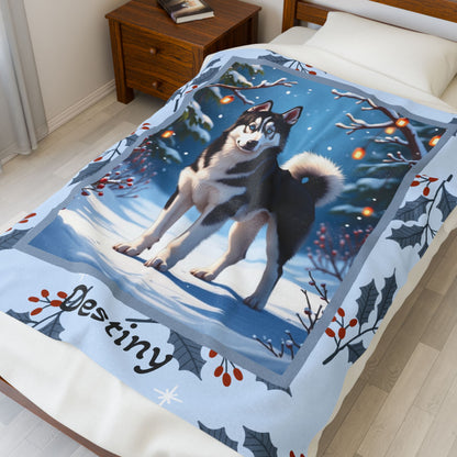 Husky Black and White personalized winter throw with striking Husky artwork and glowing snowy lodge background