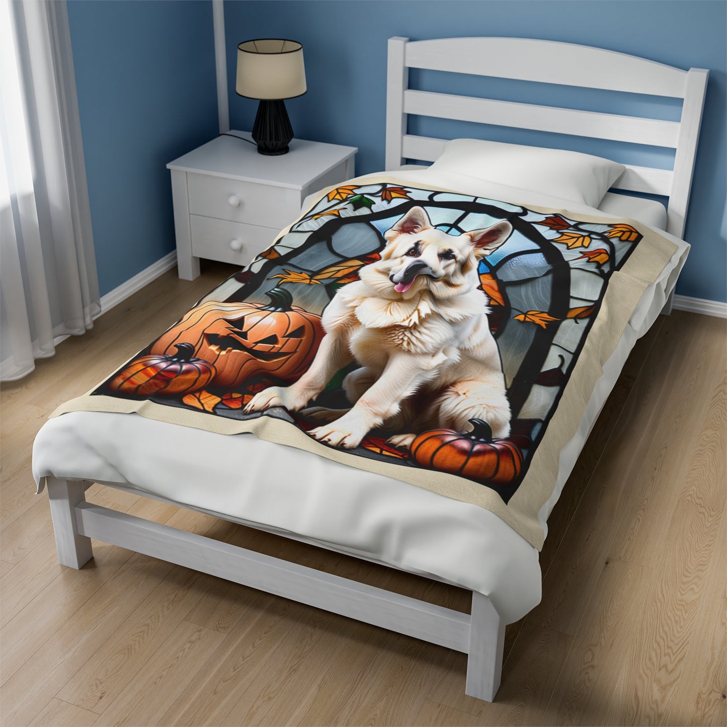 White German Shepherd stained glass velveteen blanket, soft plush throw for dog moms and pet owners