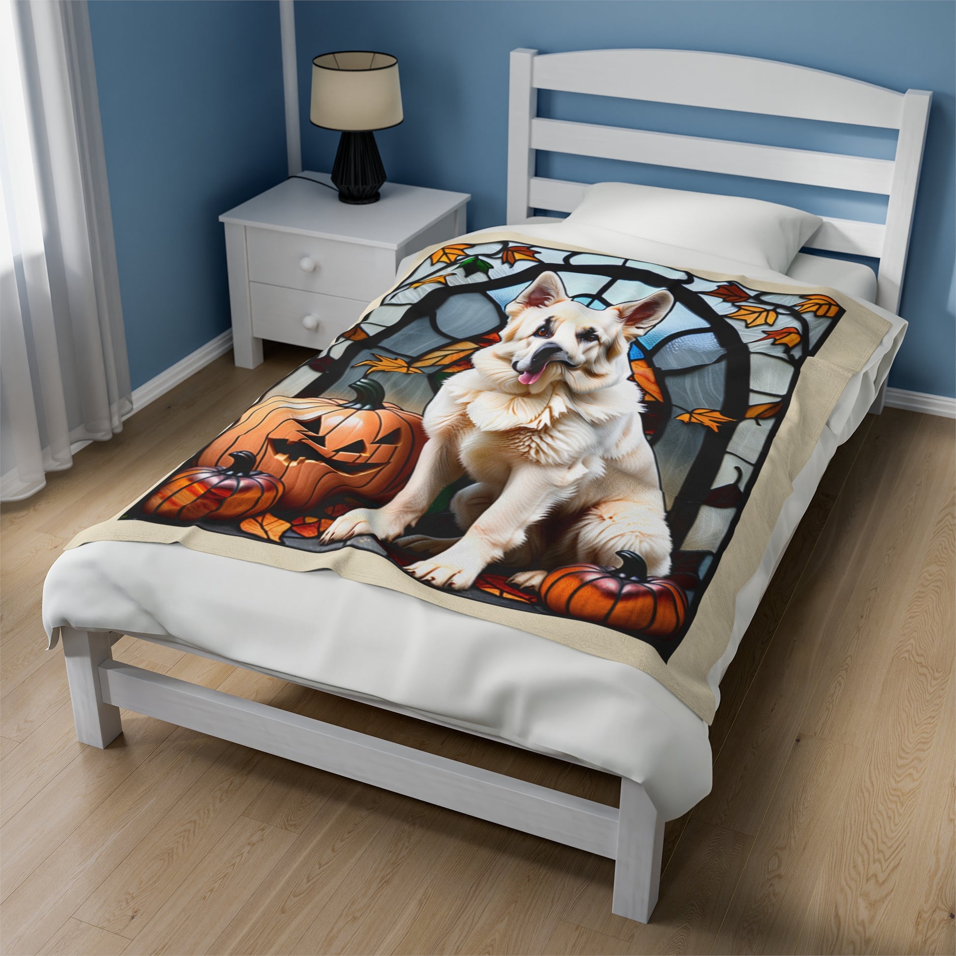 White German Shepherd stained glass velveteen blanket, soft plush throw for dog moms and pet owners