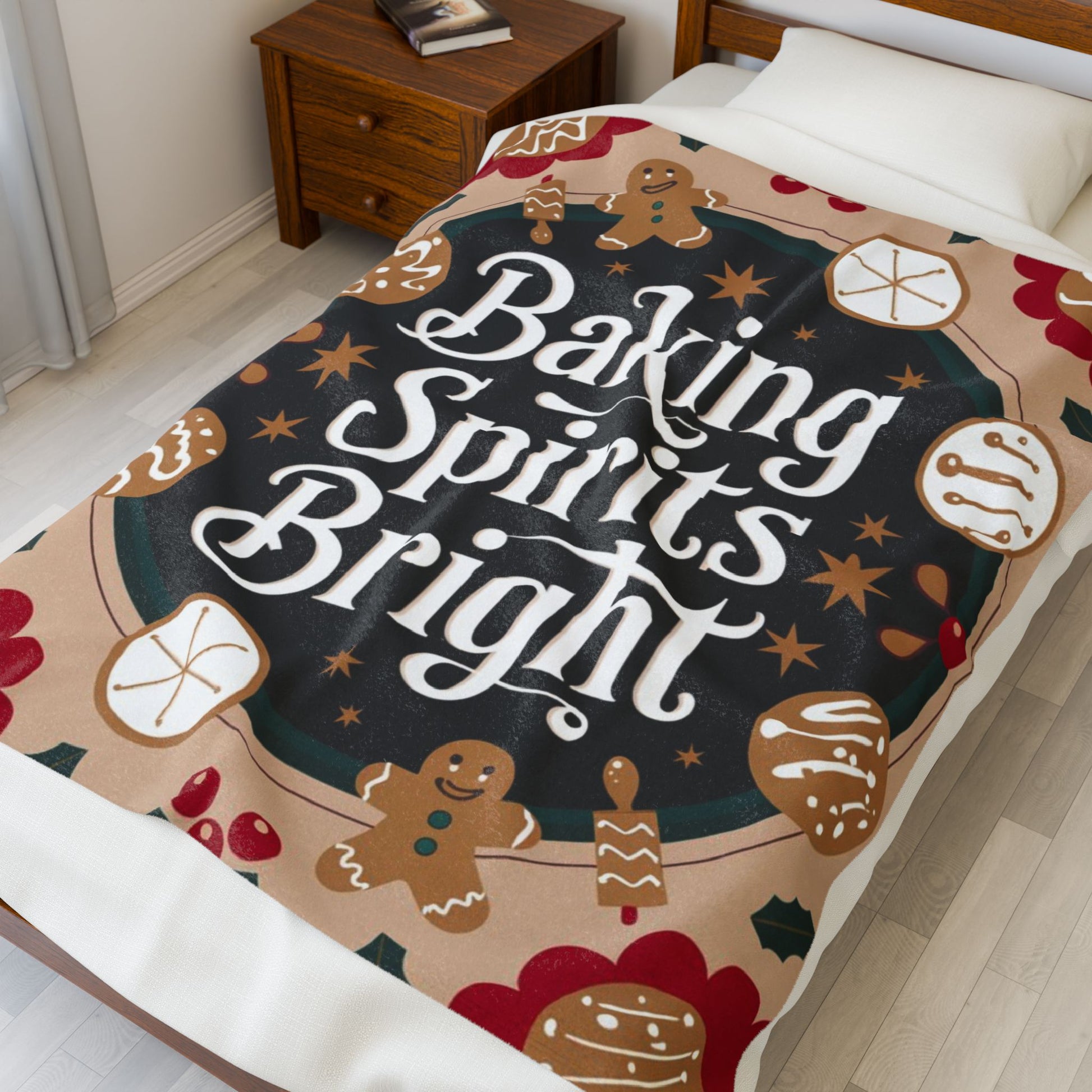 Holiday blanket “Baking Spirits Bright” with festive Christmas design, cozy winter throw for warmth and joy