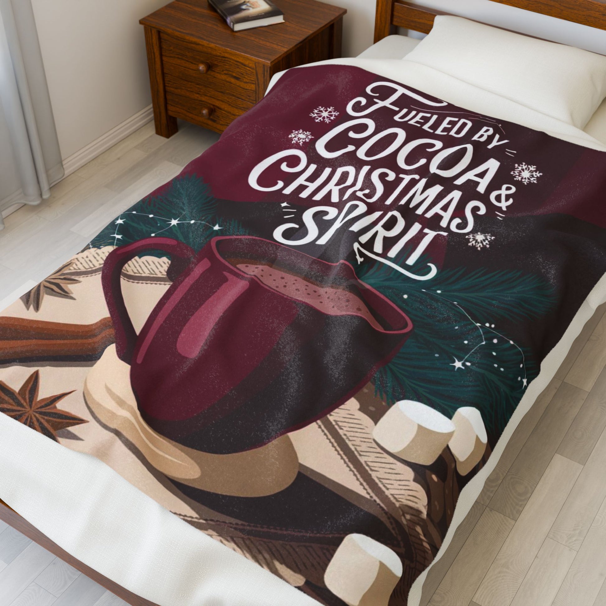 Holiday blanket “Fueled by Cocoa & Christmas Spirit” cozy Christmas throw for warmth and fun