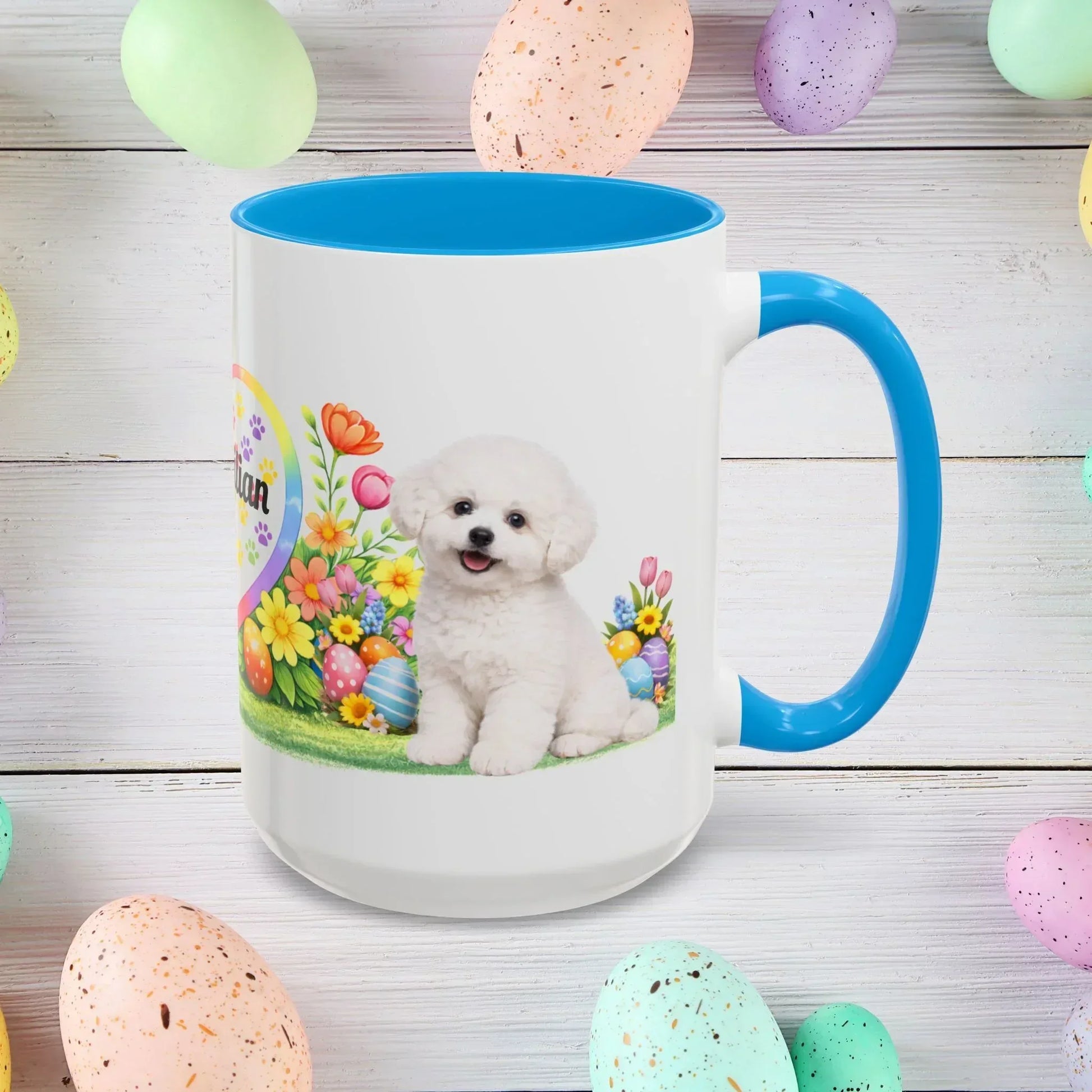 Shop our bichon frise puppy easter mug featuring the 15oz style option from MySisterIsASurvivor.