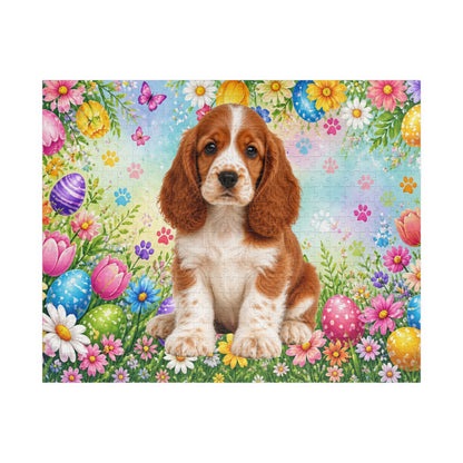 American Cocker Spaniel (Red & White) Easter Puppy Puzzle - Spring Garden with Eggs, Tulips, and Daisies