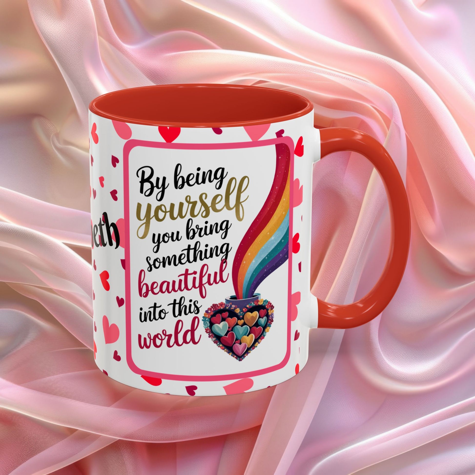 By Being Yourself Valentines mug featuring encouraging words, self love Valentine coffee cup design