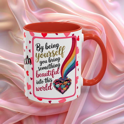 By Being Yourself Valentines mug featuring encouraging words, self love Valentine coffee cup design
