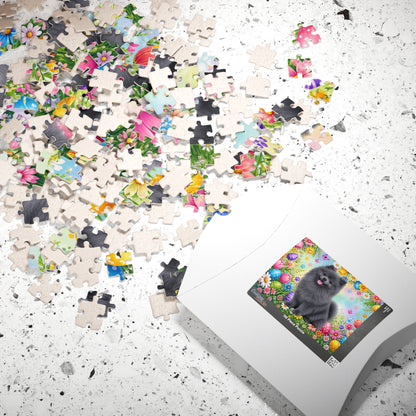 Pomeranian (Blue) Easter Puppy Puzzle - Spring Garden with Eggs, Tulips, and Daisies