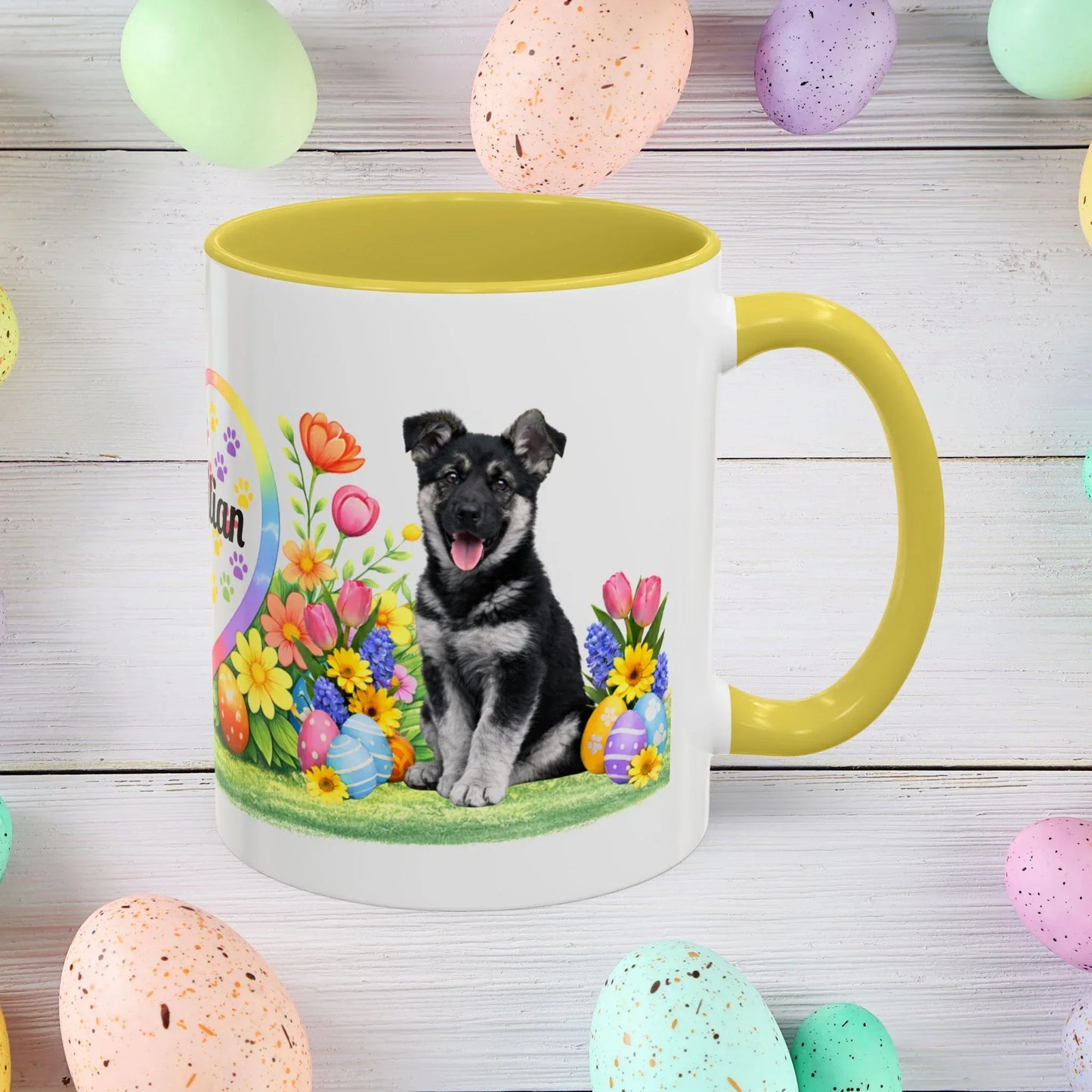 Shop our german shepherd black silver puppy easter mug featuring the 15oz style option from MySisterIsASurvivor.