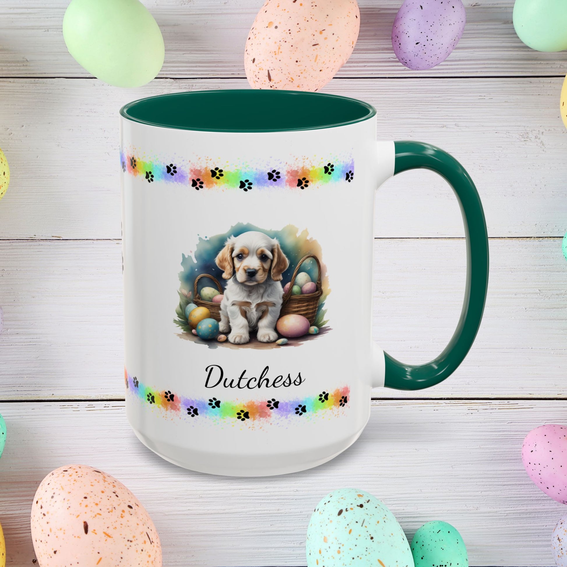 Cocker Spaniel (Orange & White): Personalized Easter Puppy Coffee Mug - Adorable Dog Design, Mental Health Gift, 11oz & 15oz, 12 Color Choices, Easter Gifts & Décor
