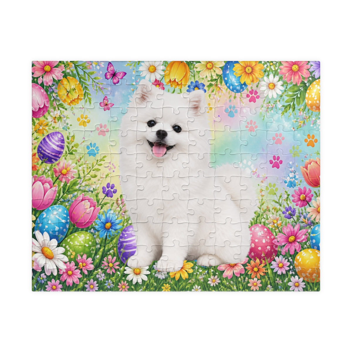 Pomeranian (White) Easter Puppy Puzzle - Spring Garden with Eggs, Tulips, and Daisies