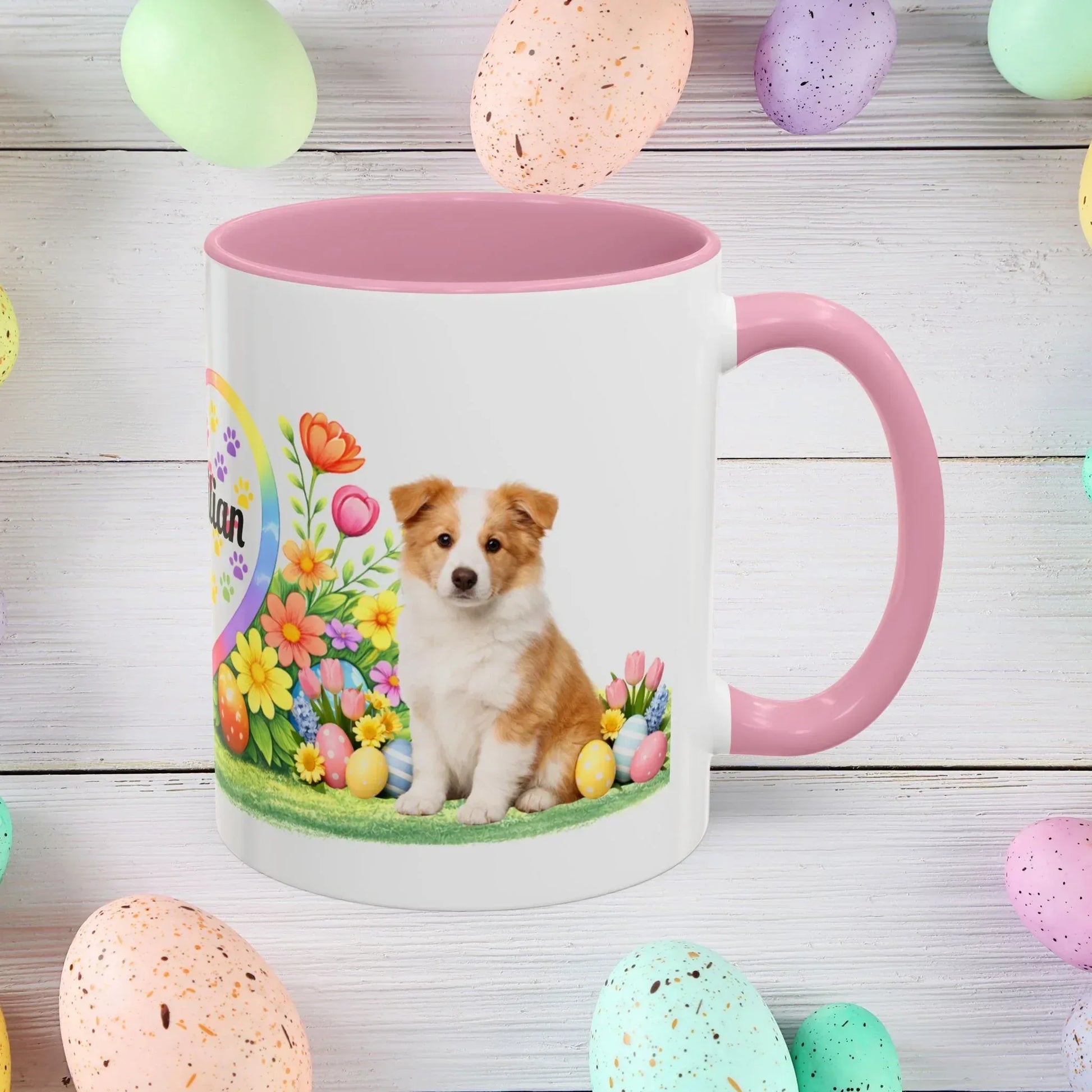 Shop our border collie gold puppy easter mug featuring the 11oz style option from MySisterIsASurvivor.