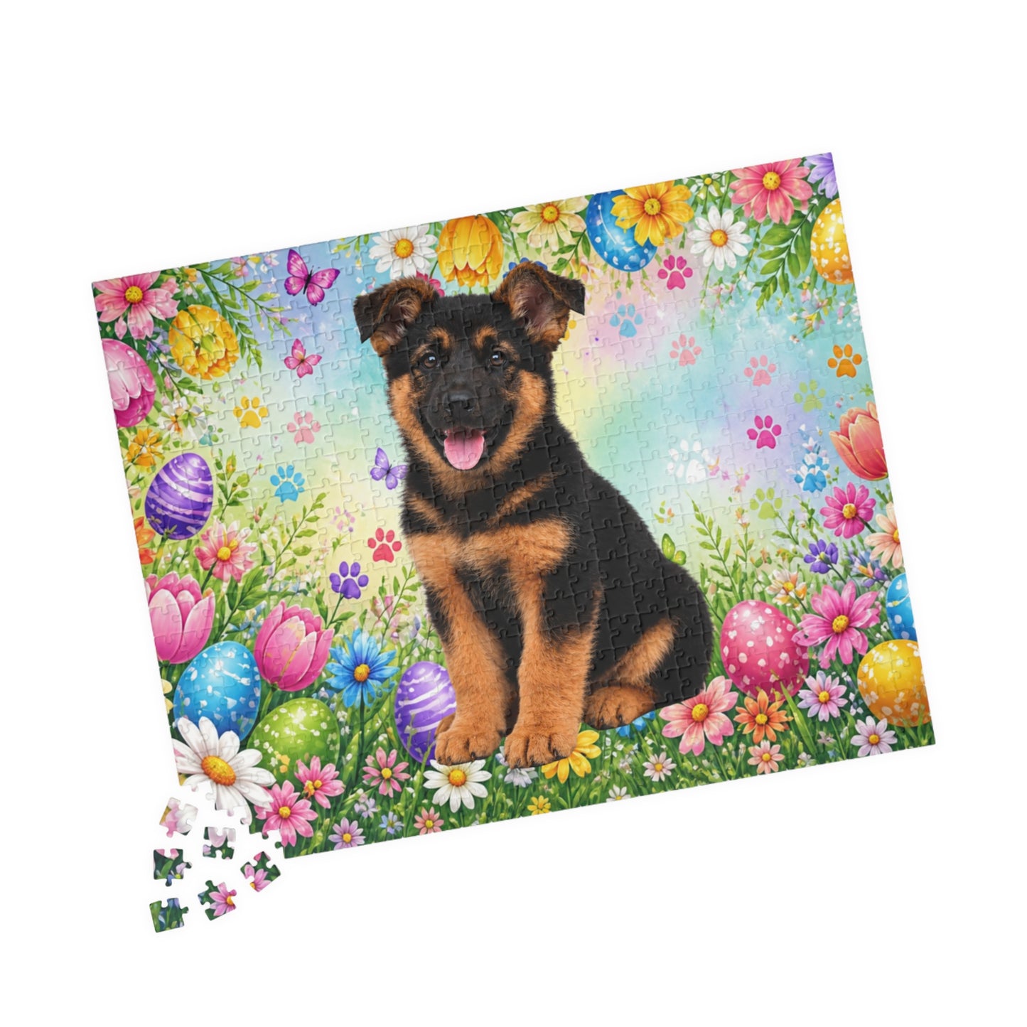German Shepherd (Black & Red) Easter Puppy Puzzle - Spring Garden with Eggs, Tulips, and Daisies