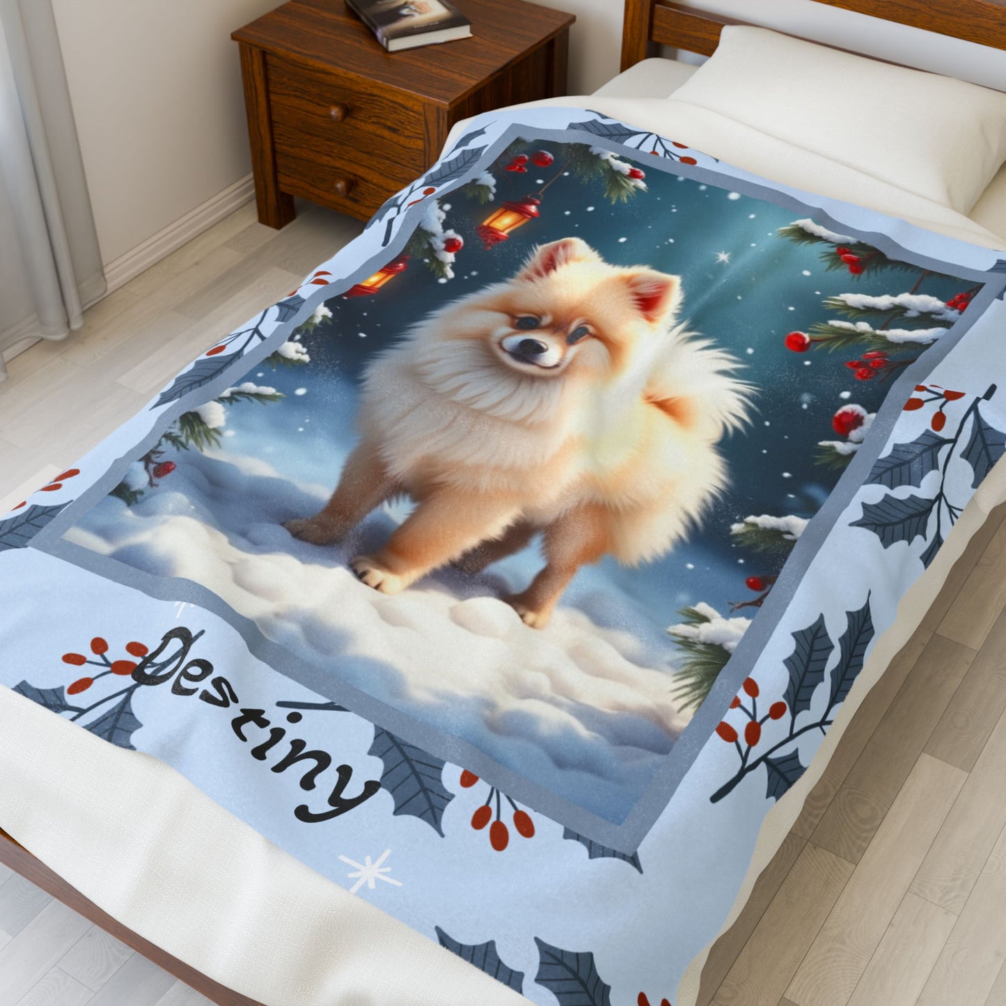 Pomeranian Cream personalized winter throw with soft cream Pom artwork in a cozy illustrated lodge setting