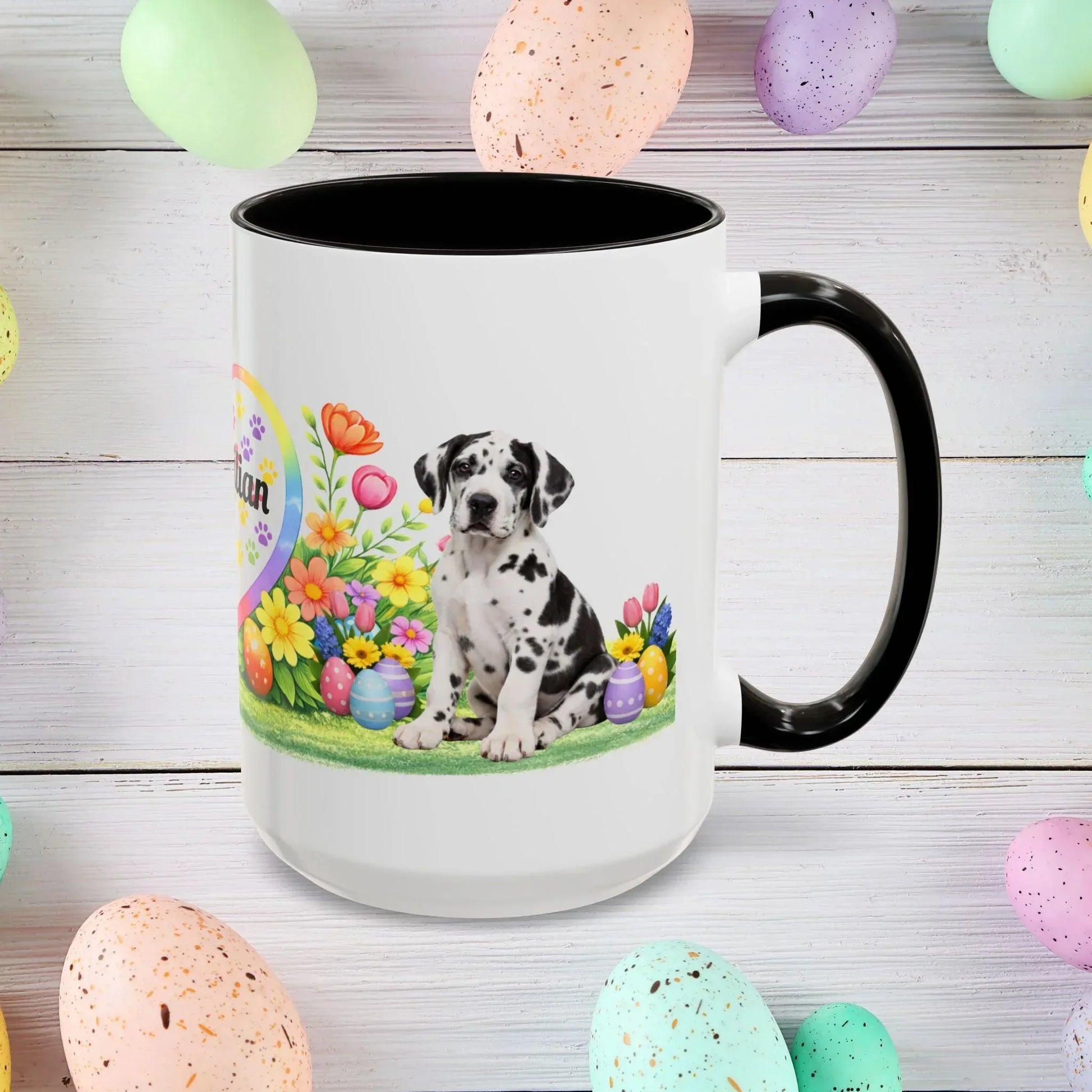 Shop our great dane harlequin puppy easter mug featuring the 15oz style option from MySisterIsASurvivor.
