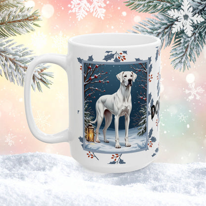Great Dane (White) Winter Mug - white Great Dane illustrated standing in a bright winter setting with snow-covered ground
