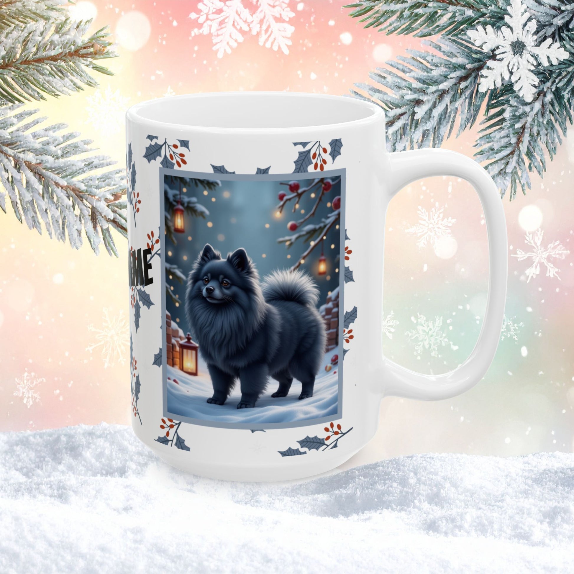 Pomeranian (Blue) Winter Mug - blue pomeranian illustrated standing in a winter scene with soft snow