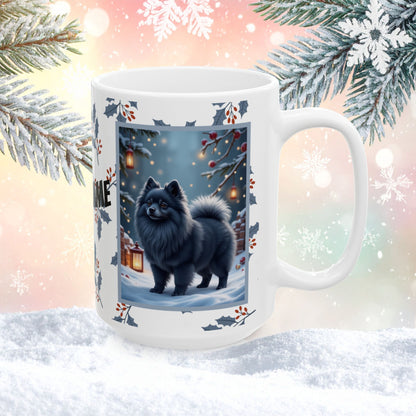 Pomeranian (Blue) Winter Mug - blue pomeranian illustrated standing in a winter scene with soft snow