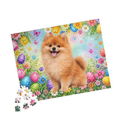 Pomeranian (Orange Sable) Easter Puppy Puzzle - Spring Garden with Eggs, Tulips, and Daisies