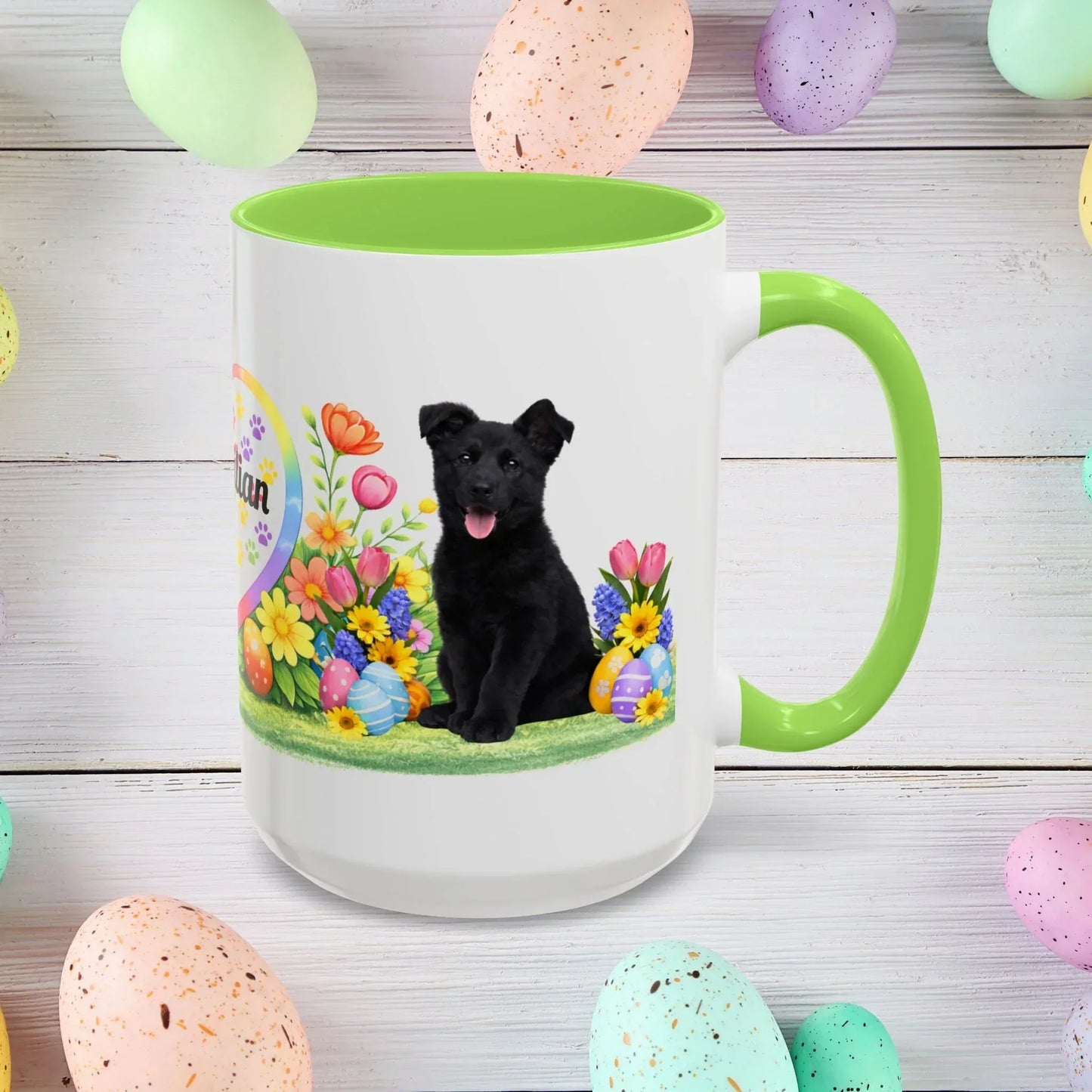 Shop our german shepherd black puppy easter mug featuring the 15oz style option from MySisterIsASurvivor.