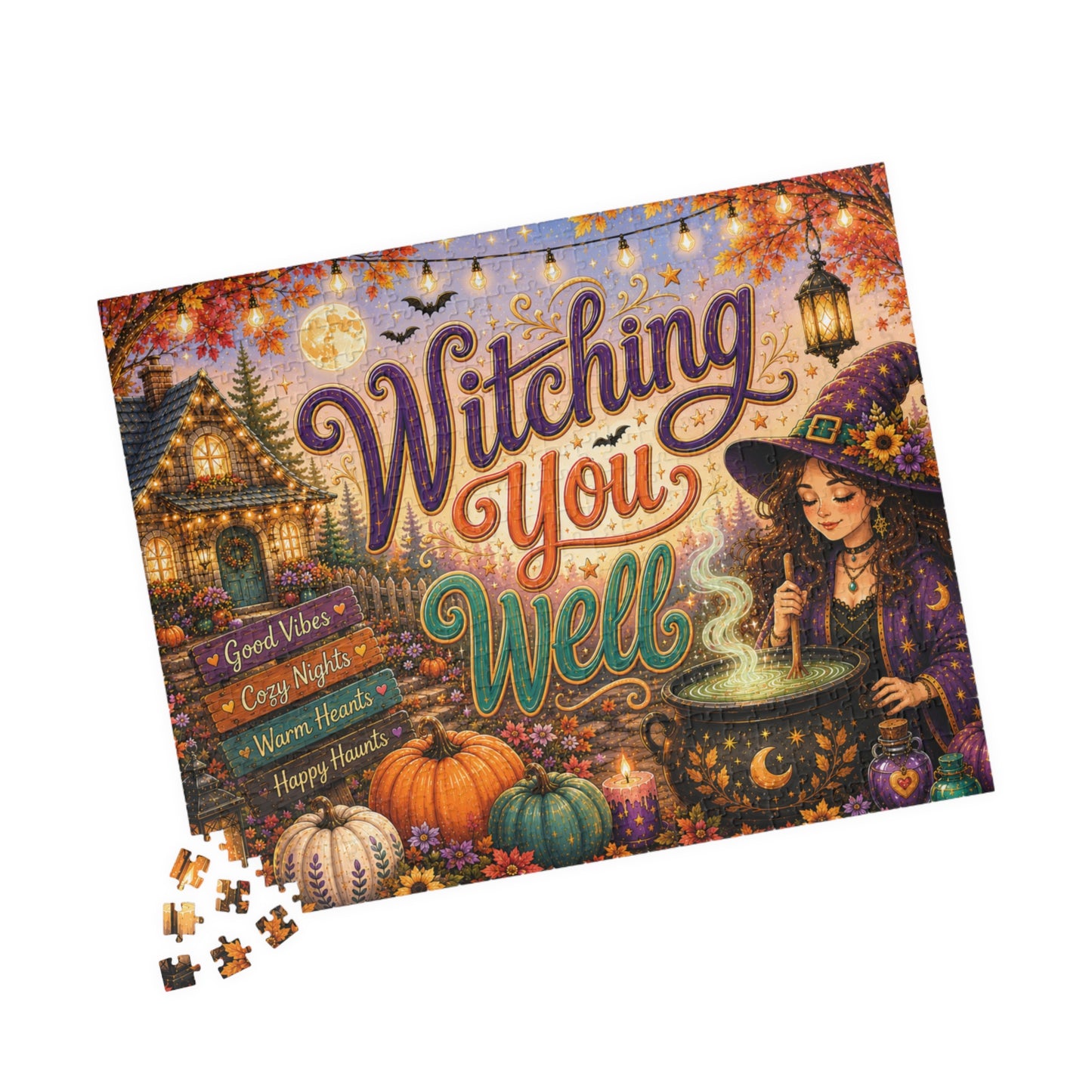 Witching You Well Halloween Puzzle - Witch Stirring Cauldron with Pumpkins, Full Moon, and Cottage