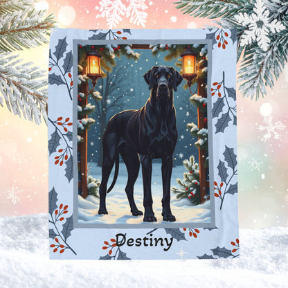Great Dane Black custom winter blanket featuring a majestic Great Dane in a cozy lodge-style snowy illustration