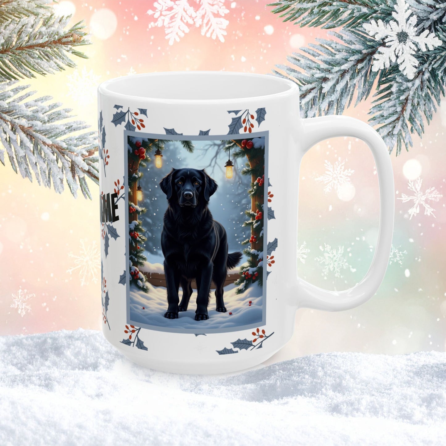Golden Retriever (Black) Winter Mug - black Golden Retriever illustrated standing in a winter setting with snowy pine branches