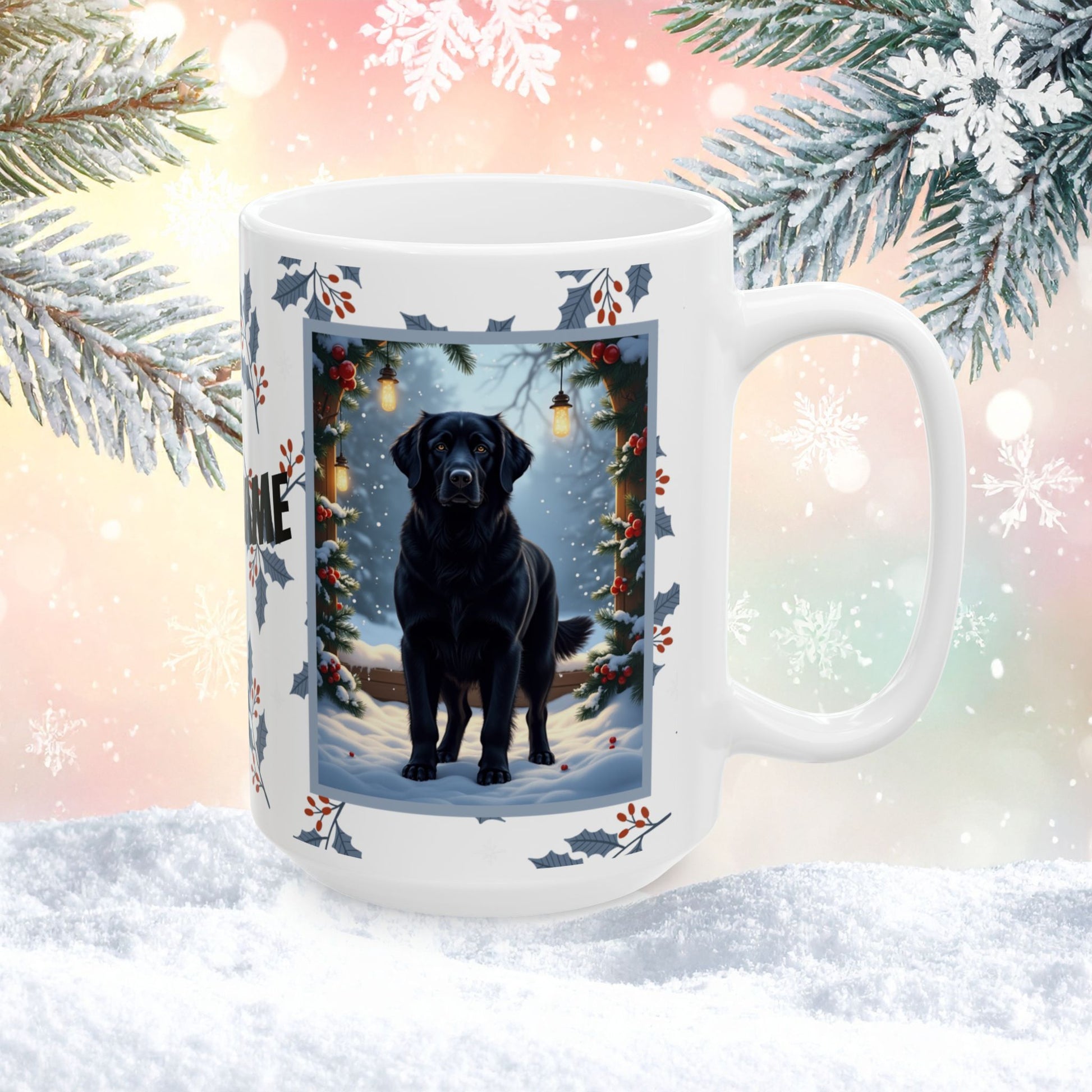 Golden Retriever (Black) Winter Mug - black Golden Retriever illustrated standing in a winter setting with snowy pine branches
