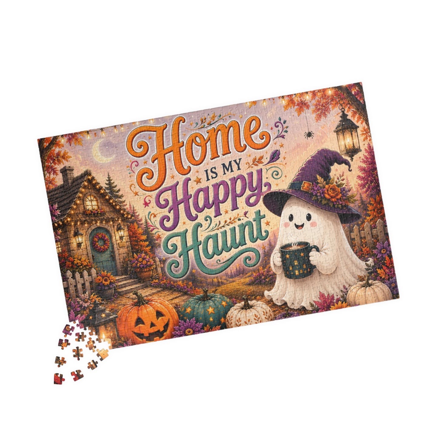 Home Is My Happy Haunt Halloween Puzzle - Witch Hat Ghost with Haunted House Mug and Fall Cottage