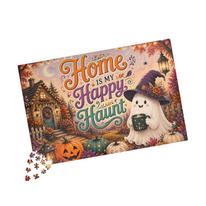 Home Is My Happy Haunt Halloween Puzzle - Witch Hat Ghost with Haunted House Mug and Fall Cottage