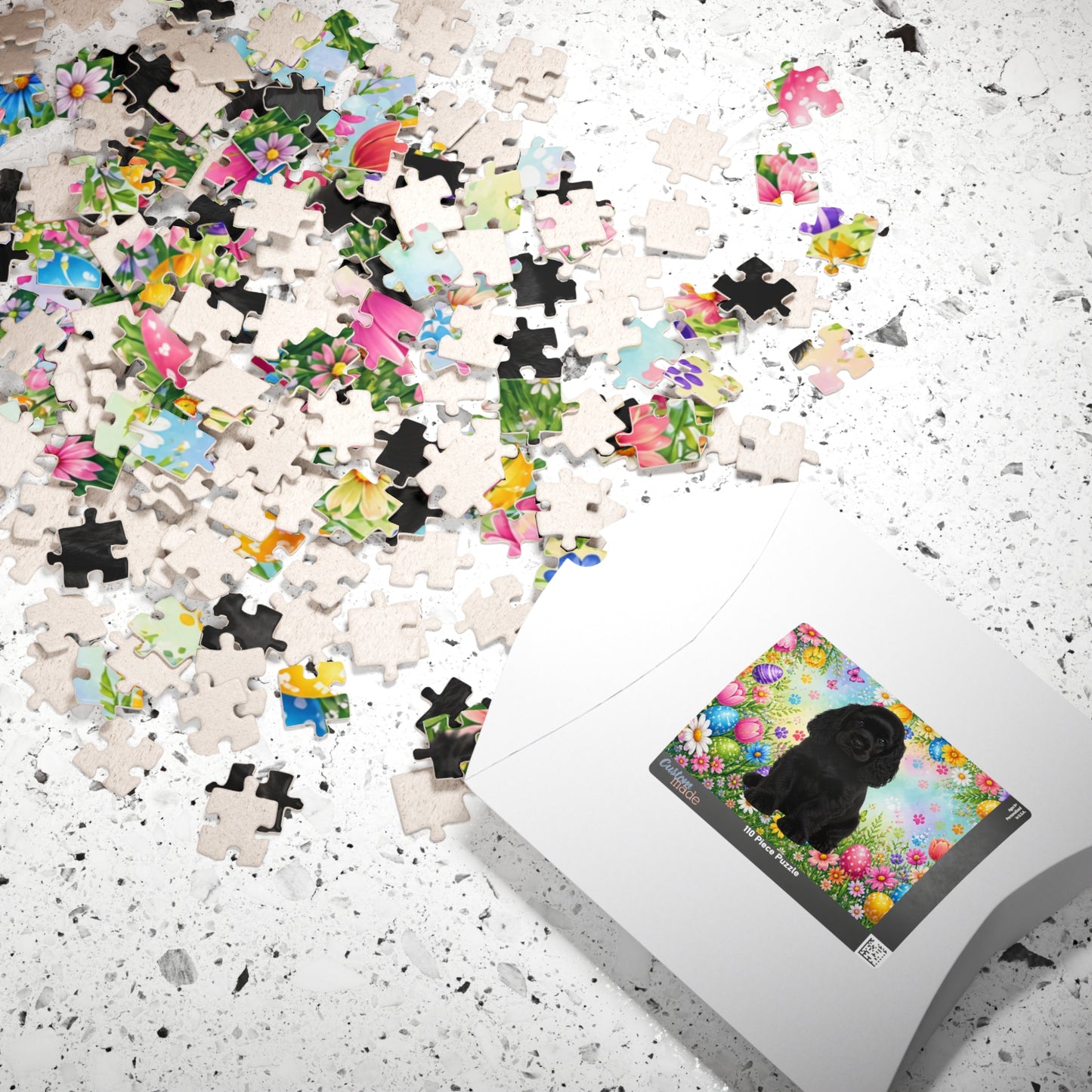 American Cocker Spaniel (Black) Easter Puppy Puzzle - Spring Garden with Eggs, Tulips, and Daisies