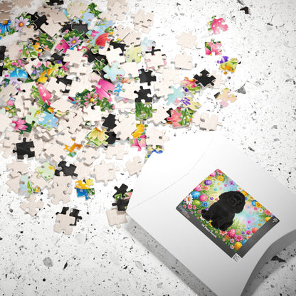 American Cocker Spaniel (Black) Easter Puppy Puzzle - Spring Garden with Eggs, Tulips, and Daisies