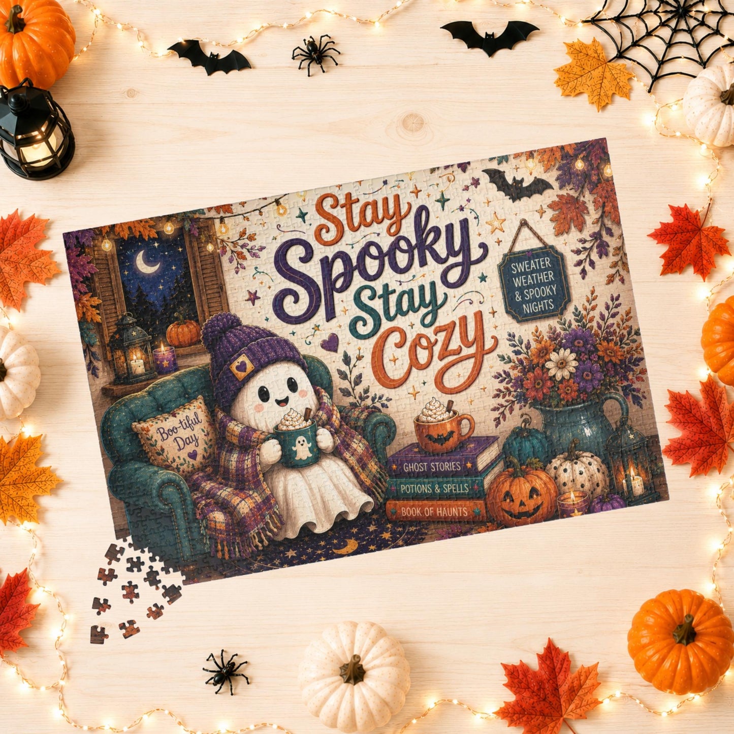 Stay Spooky Stay Cozy Halloween Puzzle - Ghost in Armchair with Boo-tiful Day Pillow and Ghost Stories Books