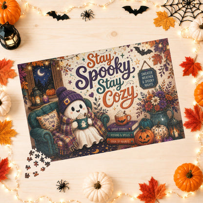 Stay Spooky Stay Cozy Halloween Puzzle - Ghost in Armchair with Boo-tiful Day Pillow and Ghost Stories Books