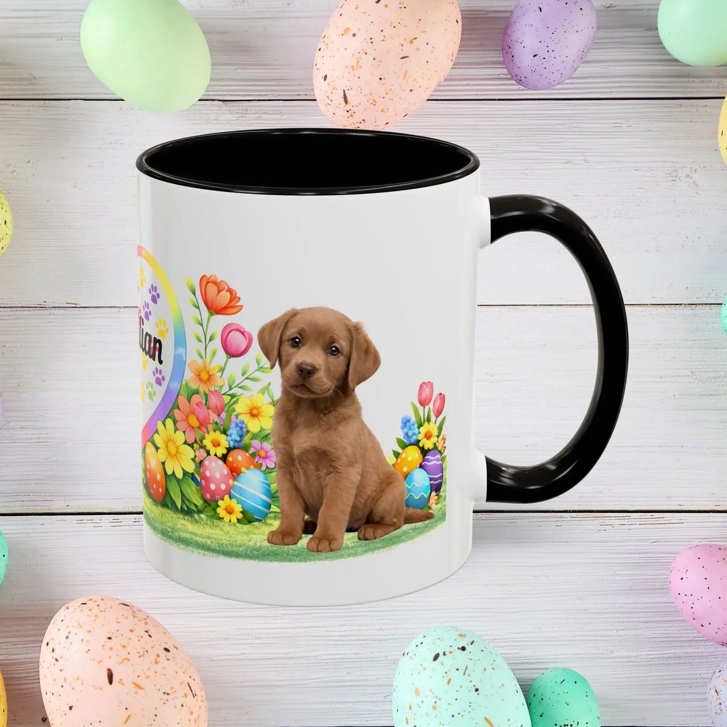 Shop our labrador retriever chocolate light puppy easter mug featuring the 11oz style option from MySisterIsASurvivor.