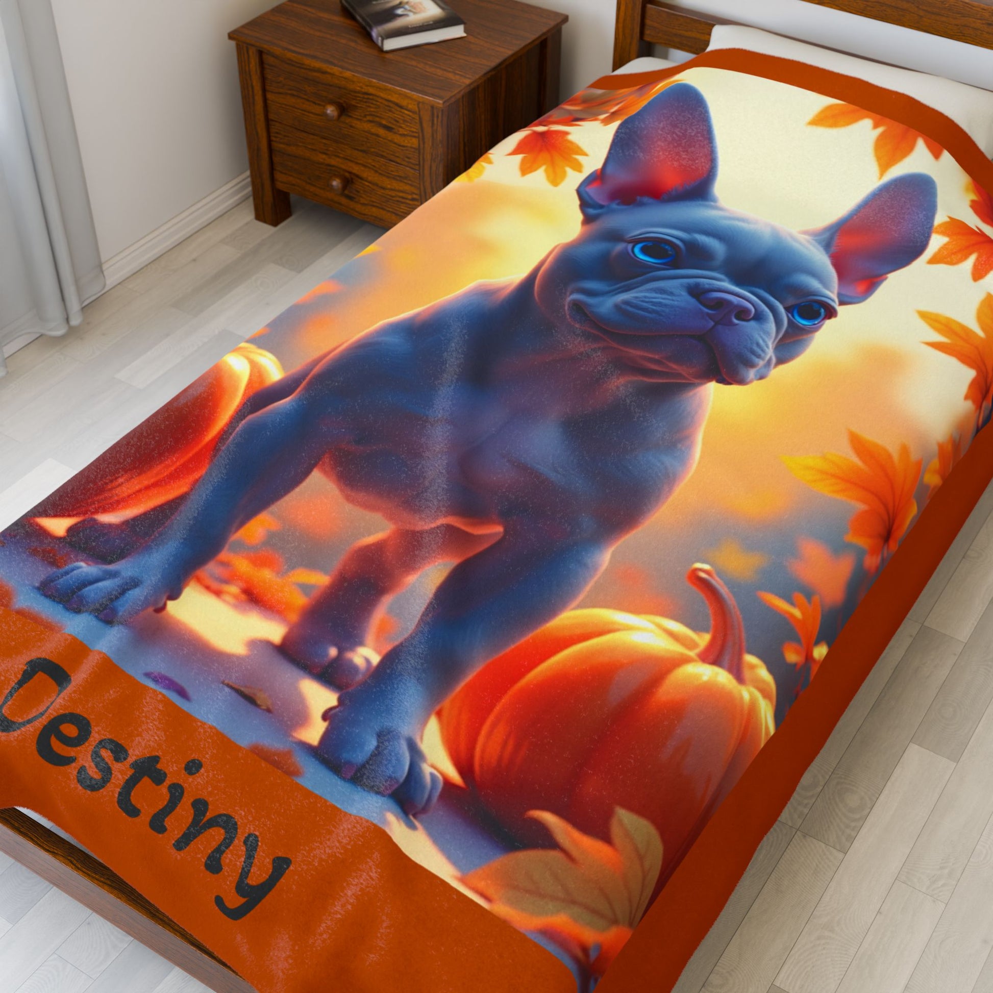 Blue French Bulldog velveteen plush blanket, cozy custom dog throw for Frenchie lovers - MySisterIsASurvivor
