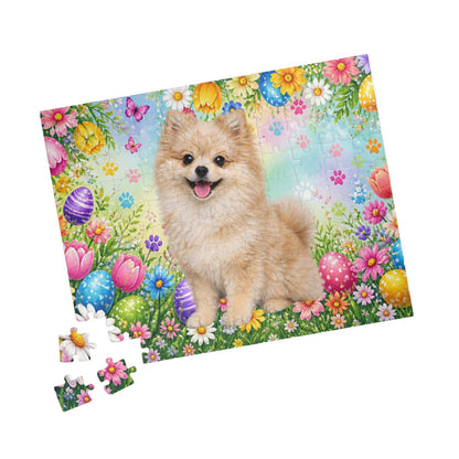 Pomeranian (Cream Merle) Easter Puppy Puzzle - Spring Garden with Eggs, Tulips, and Daisies