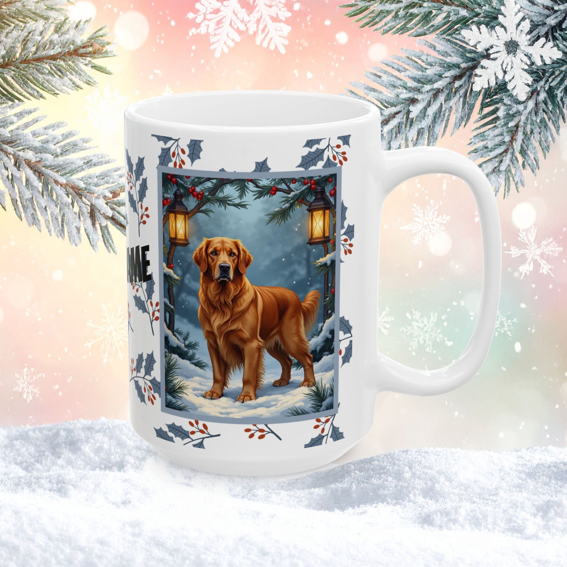 Golden Retriever (Dark Golden) Winter Mug - dark golden retriever illustrated standing in a festive winter setting