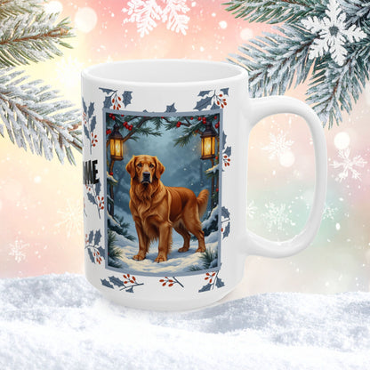 Golden Retriever (Dark Golden) Winter Mug - dark golden retriever illustrated standing in a festive winter setting
