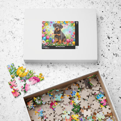 Rottweiler (Blue) Easter Puppy Puzzle - Spring Garden with Eggs, Tulips, and Butterflies