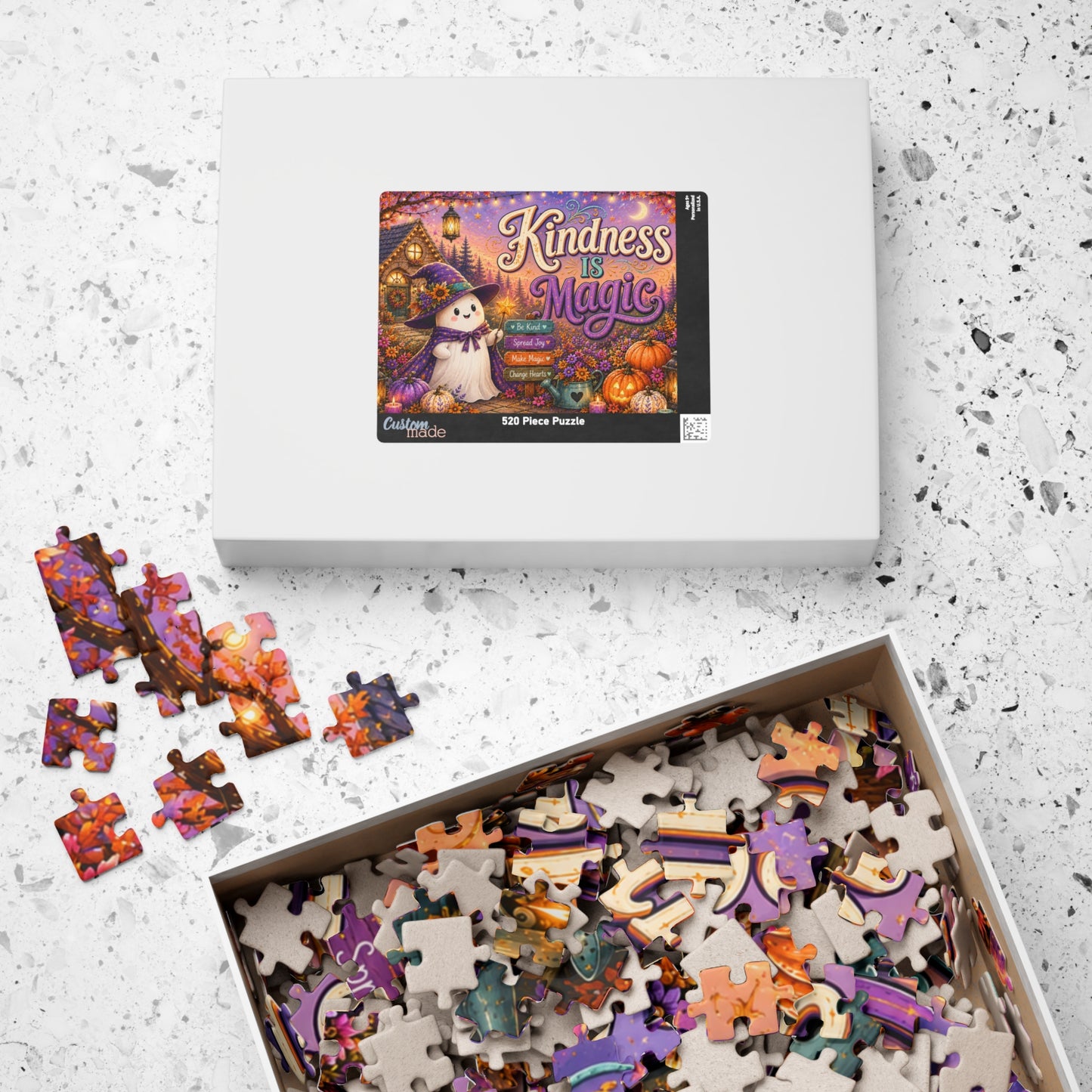Kindness Is Magic Halloween Puzzle - Witch Ghost with Magic Wand, Purple Pumpkins, and Wildflowers