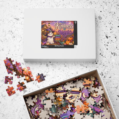 Kindness Is Magic Halloween Puzzle - Witch Ghost with Magic Wand, Purple Pumpkins, and Wildflowers