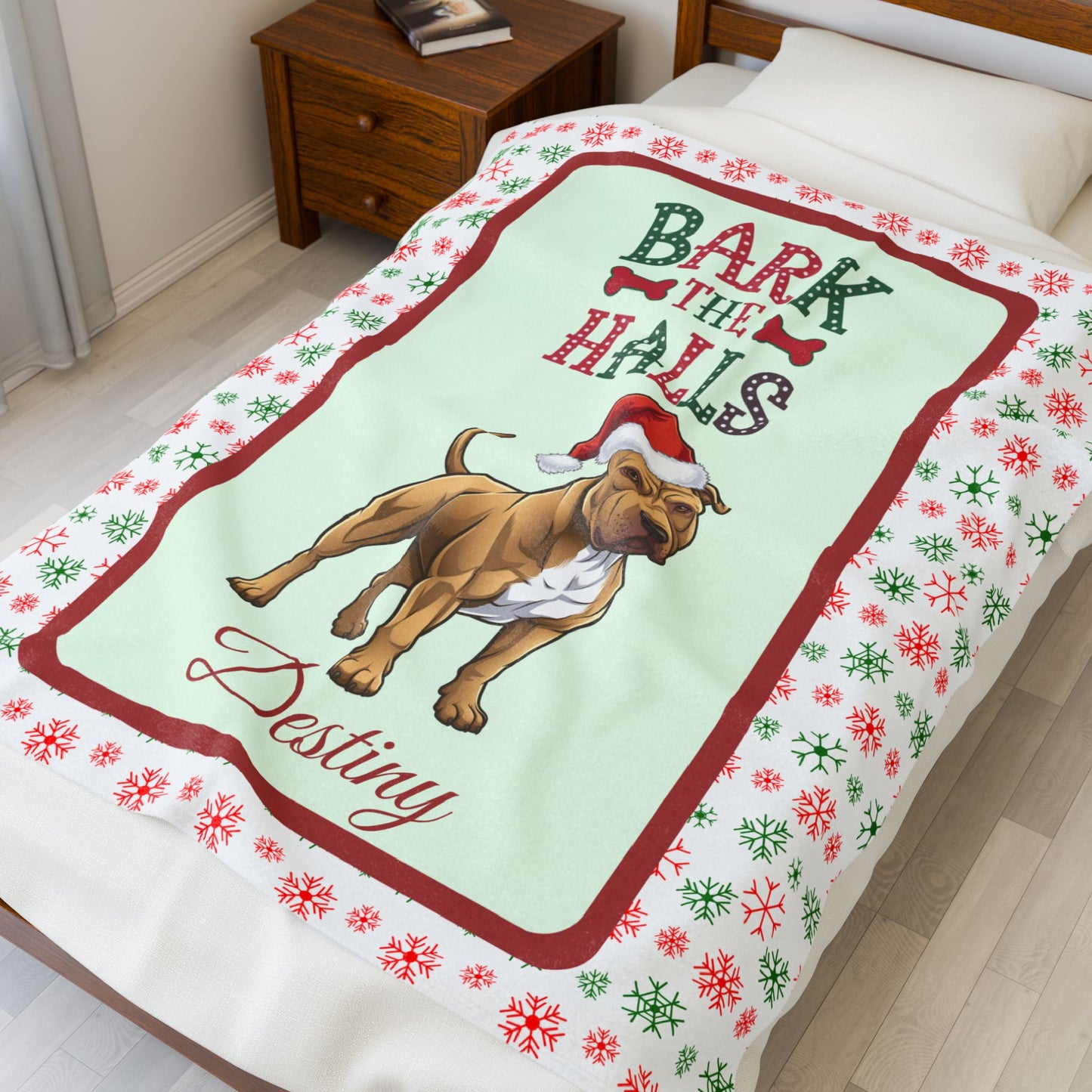 Pitbull (Buckskin) plush velveteen blanket personalized cozy Bark The Halls holiday throw gift for dog lovers