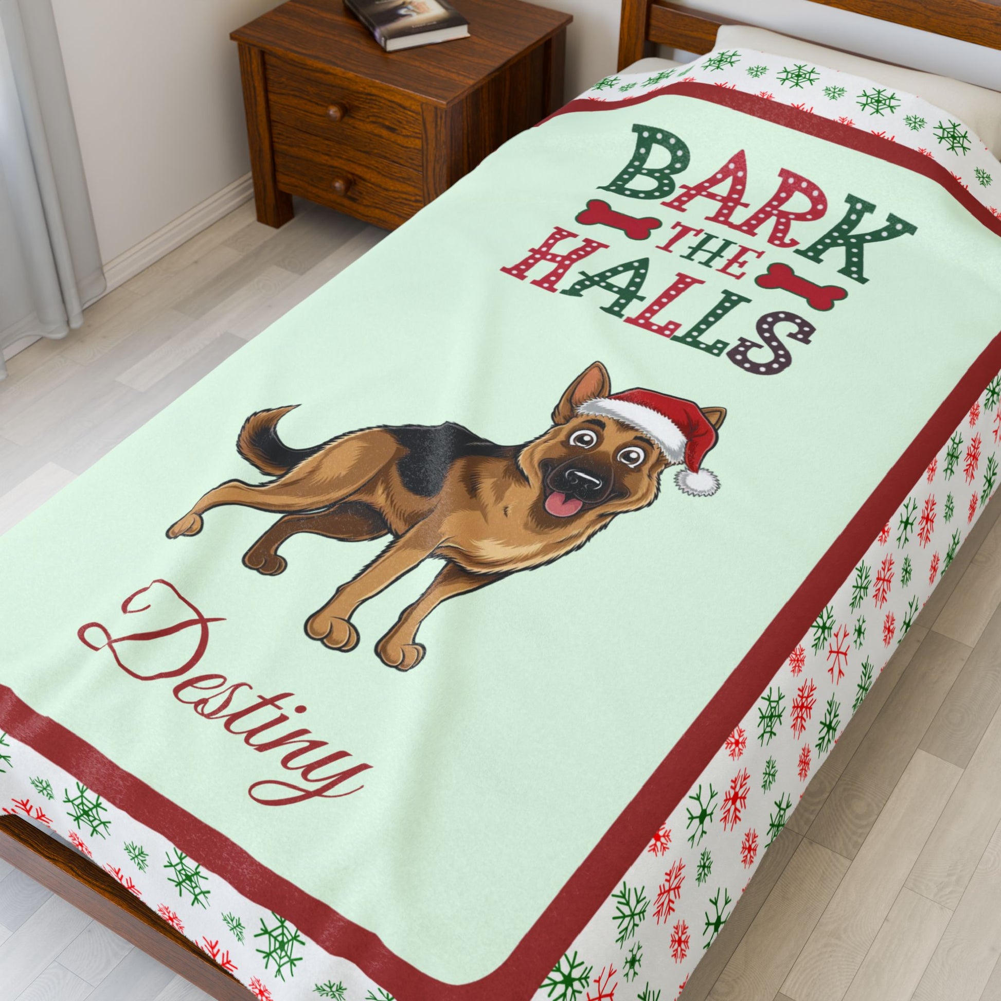 German Shepherd Personalized Velveteen Blanket - Breed-specific cozy Bark The Halls dog throw