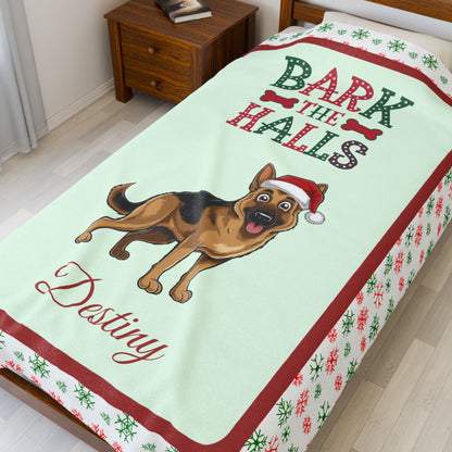 German Shepherd Personalized Velveteen Blanket - Breed-specific cozy Bark The Halls dog throw