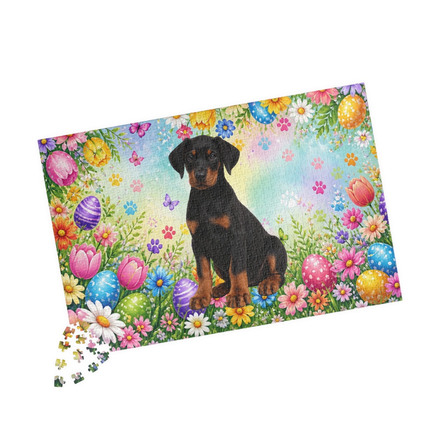 Doberman (Black & Rust) Easter Puppy Puzzle - Spring Garden with Eggs, Tulips, and Daisies
